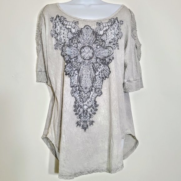 Vocal Tops - Vocal Cold Shoulder Embroidered Rhinestone Tee